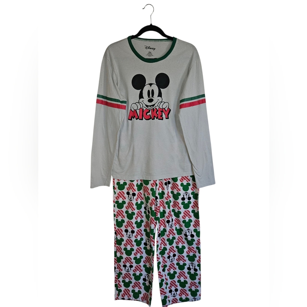 Disney Mickey Mouse Adult Christmas Cotton Pajama Set In Gray/Red/Green Size M